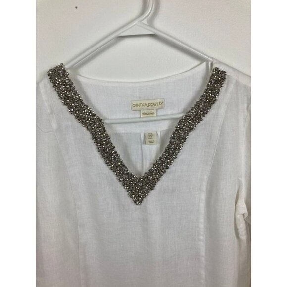 Womens Cynthia Rowley Linen Beaded Tunic Top White S - Picture 2 of 10